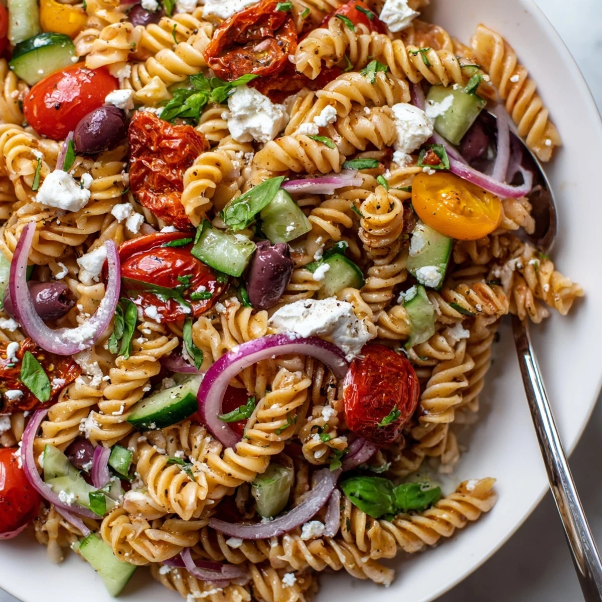 Chilled Sun Dried Tomato Pasta Salad tossed with zesty vinaigrette and basil
