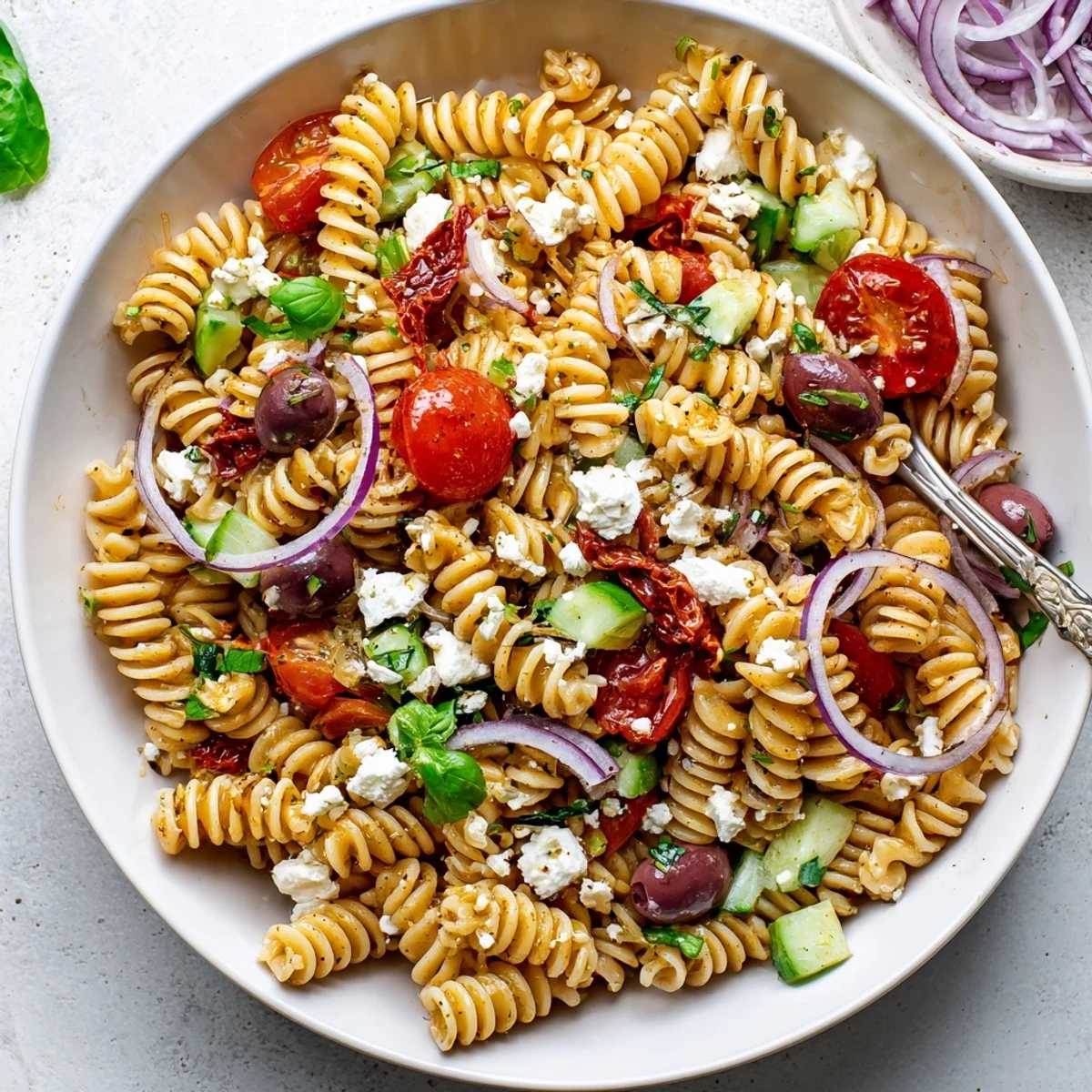 Picnic ready Sun Dried Tomato Pasta Salad studded with olives, cucumber, and tomatoes