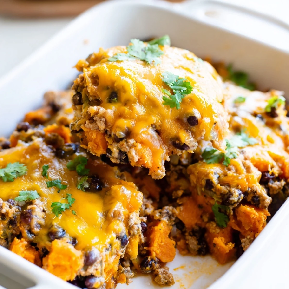Golden sweet potato turkey black bean bake bubbling with melted cheddar in a casserole dish
