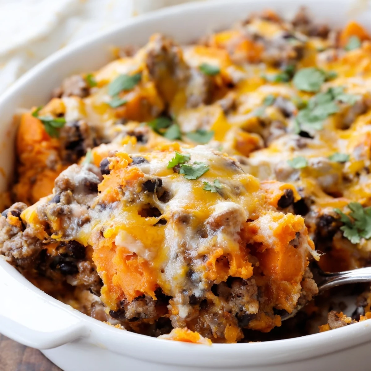 Sweet potato turkey black bean bake topped with gooey melted cheese and fresh cilantro