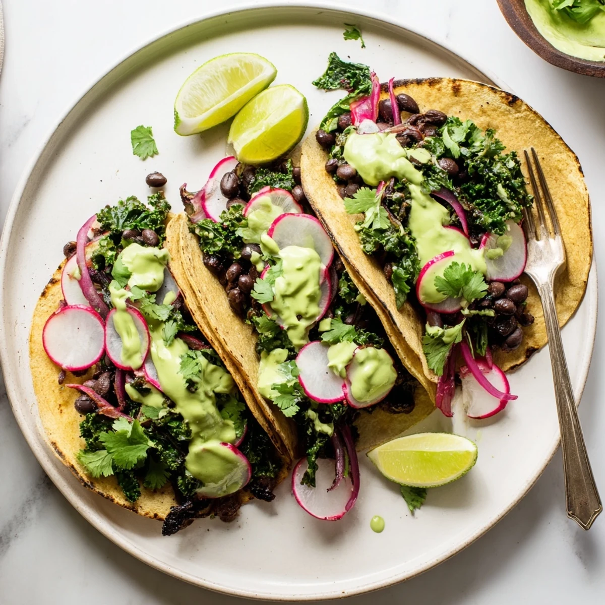 Smoky black bean kale tacos topped with vibrant green sauce on warm tortillas