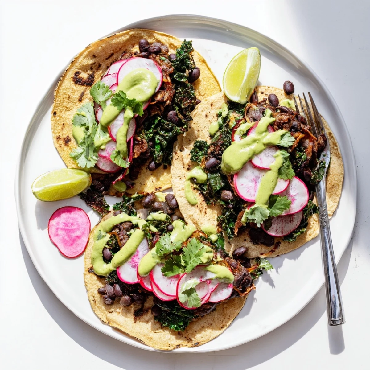 Crispy tortillas filled with smoky black beans wilted kale and creamy avocado sauce