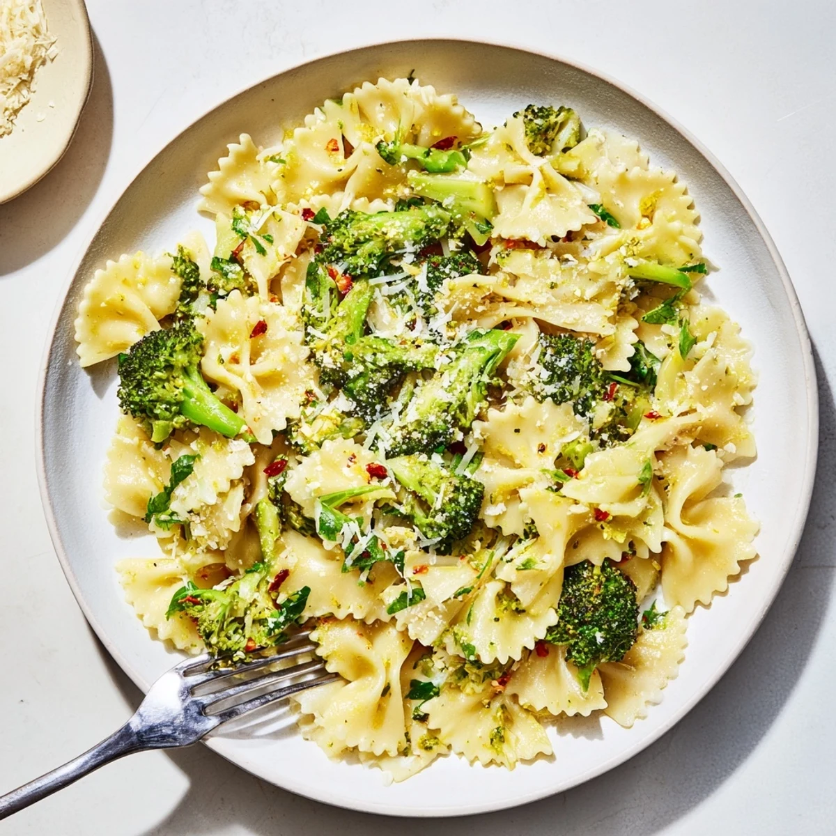 Twirled mafaldine limone broccoli pasta glistening with lemon butter sauce on a white plate