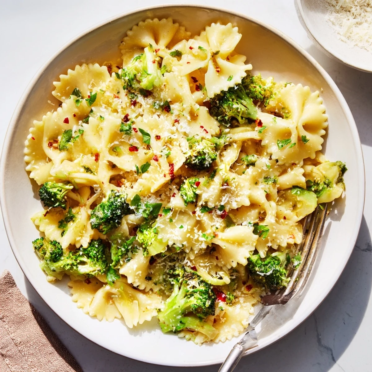 Golden ribbons of mafaldine limone broccoli pasta topped with Parmesan and fresh parsley