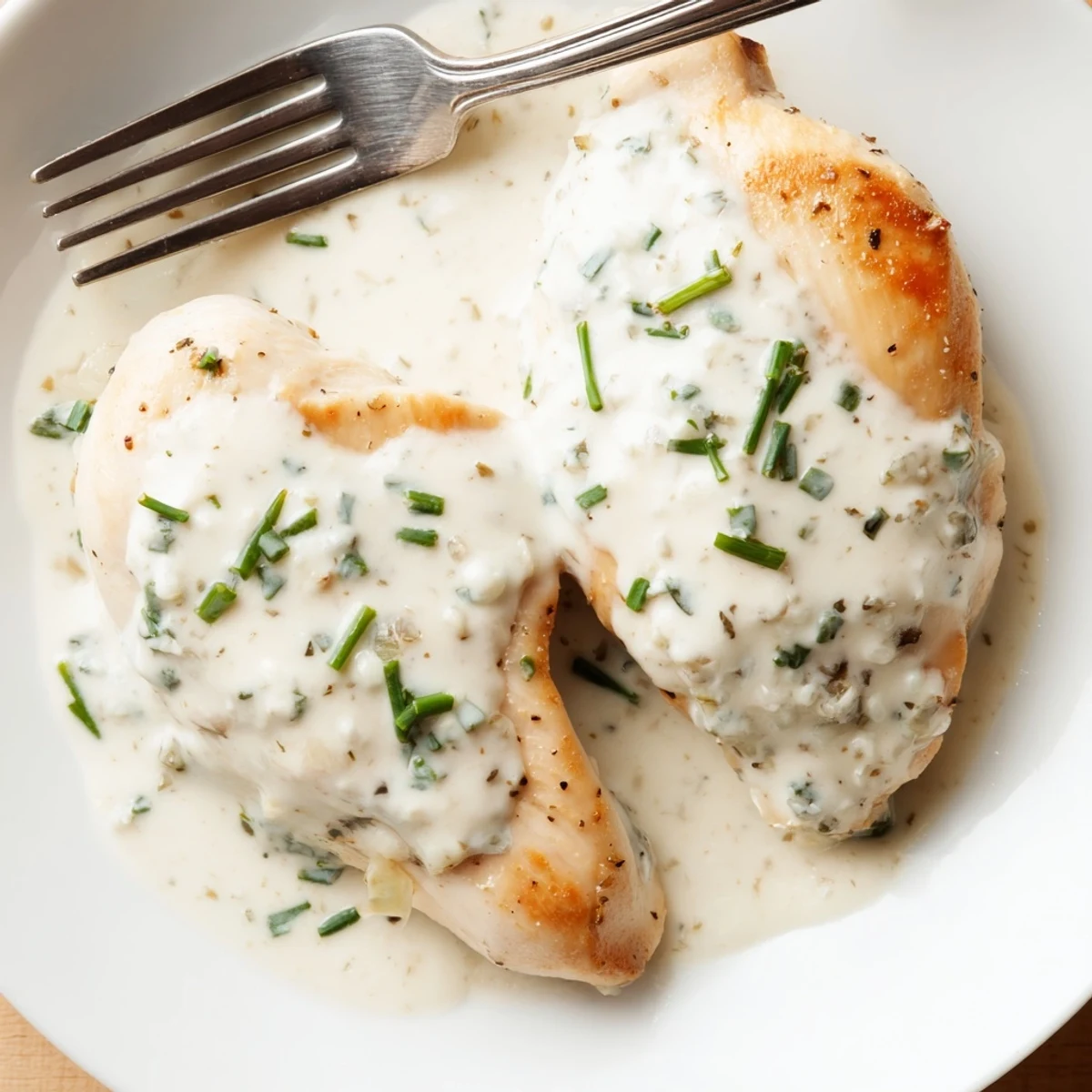 Creamy cream cheese chicken breasts coated in a velvety garlic herb sauce