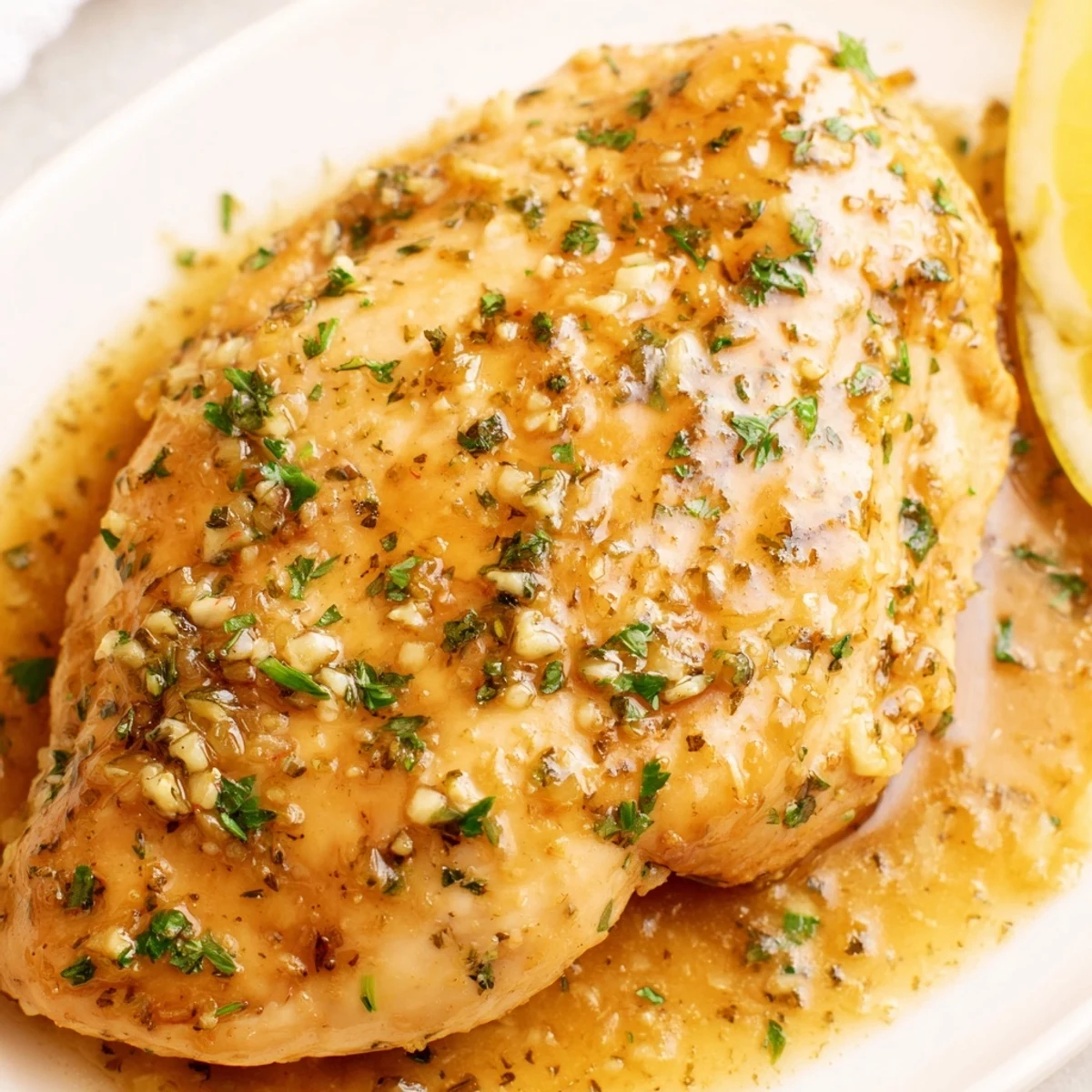 Golden garlic butter baked chicken breast garnished with fresh parsley and lemon wedges