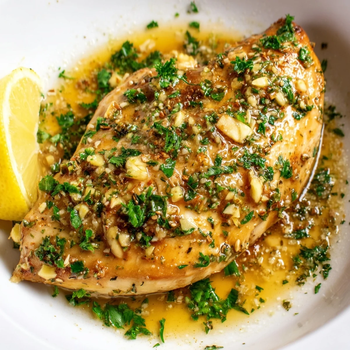 Juicy garlic butter baked chicken breast drizzled in a rich herbed butter sauce