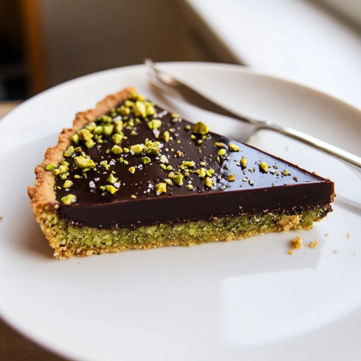 Dark chocolate pistachio tart with glossy ganache filling in a buttery crust