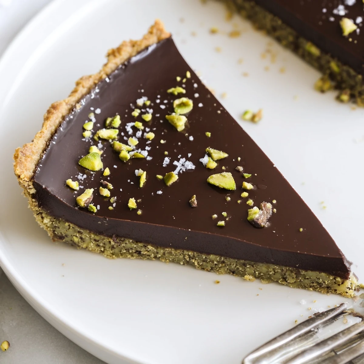 Silky dark chocolate pistachio tart sliced and topped with crushed green nuts