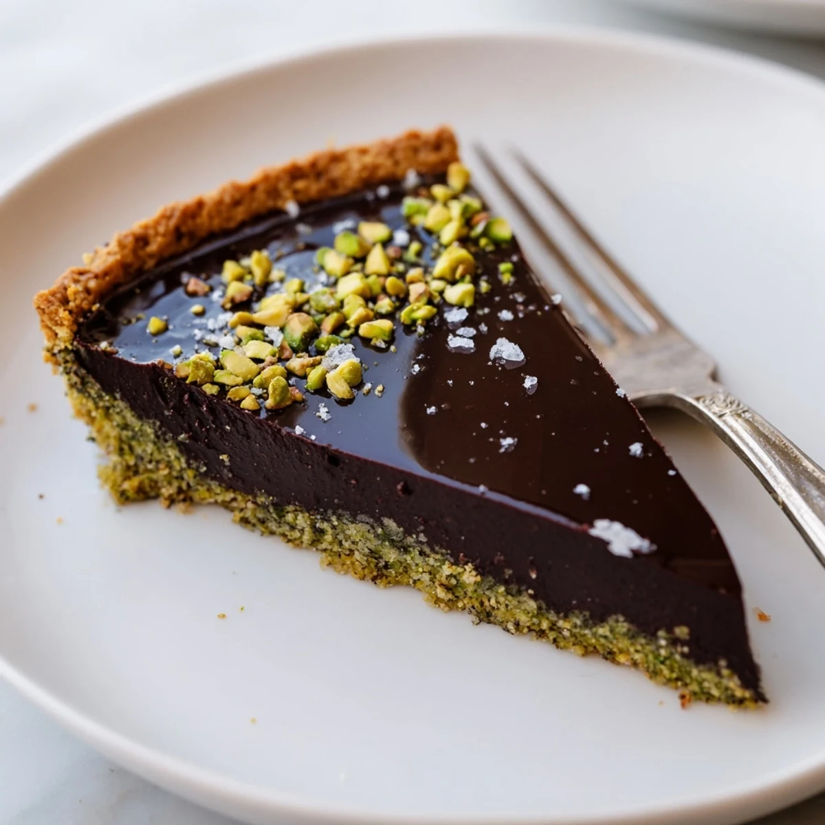 Elegant dark chocolate pistachio tart finished with flaky sea salt on a dessert plate