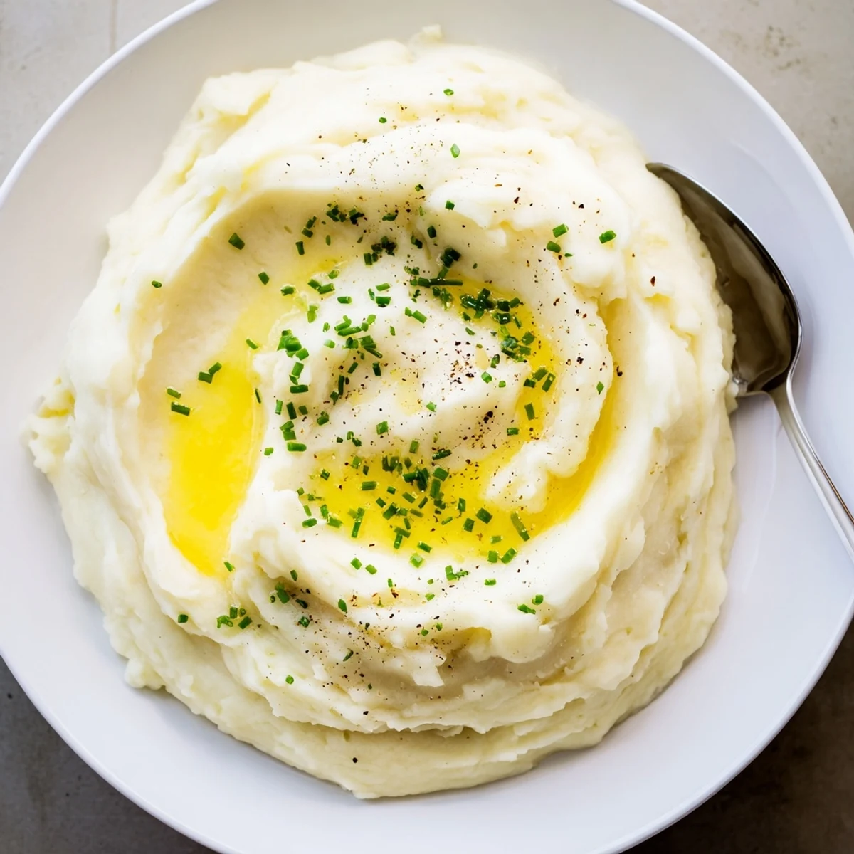Velvety mashed potatoes piled high in a bowl with melted butter pooling on top