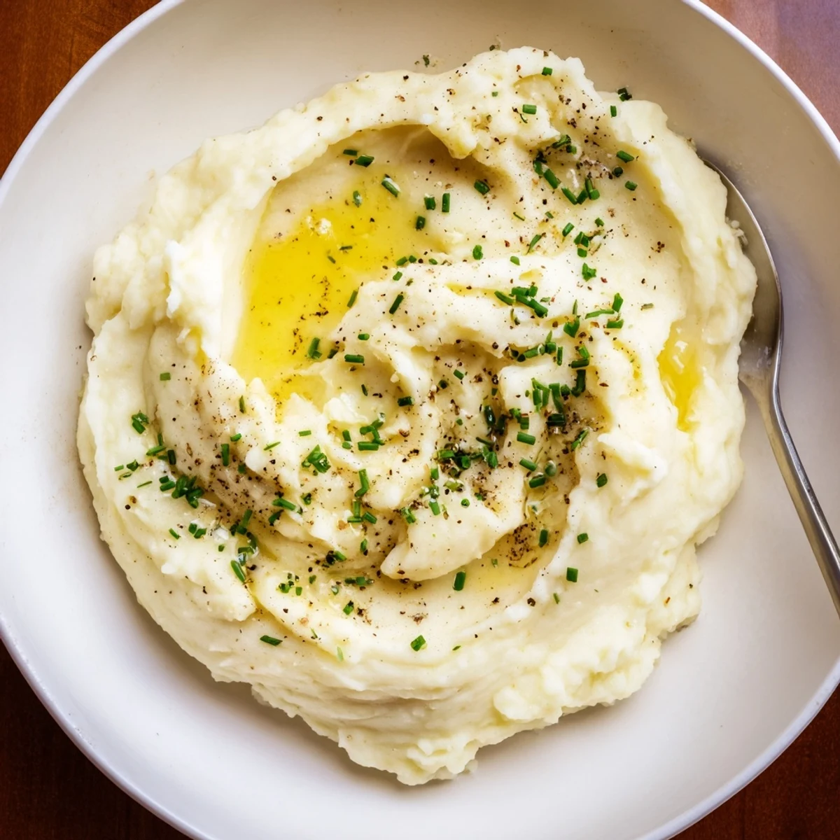 Silky smooth velvety mashed potatoes garnished with cracked black pepper and fresh chives