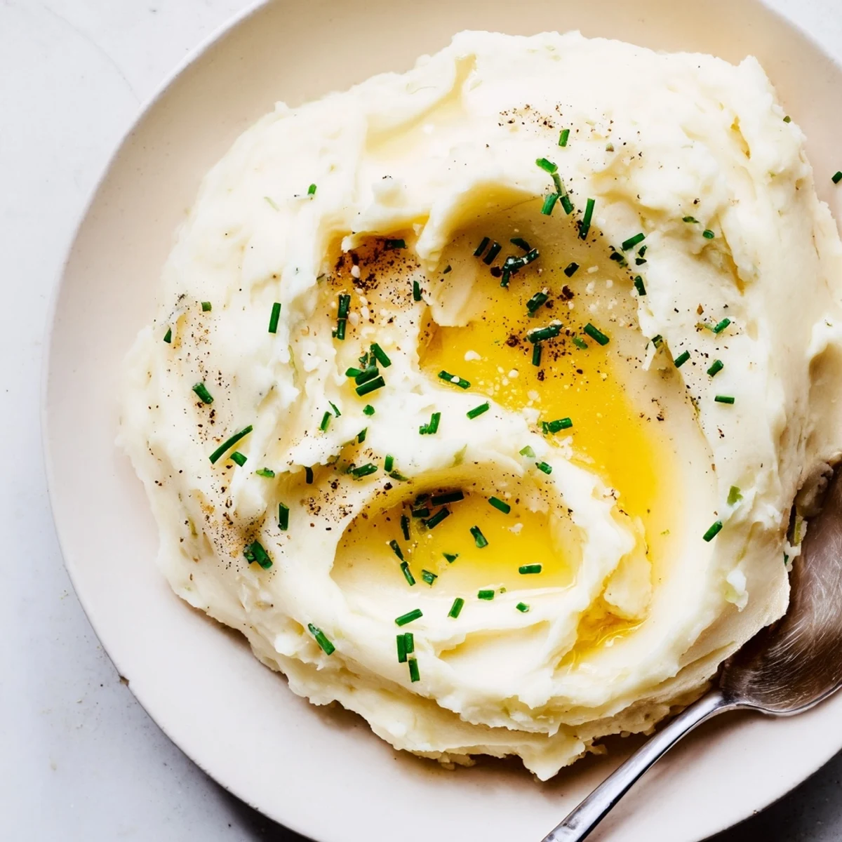 Creamy velvety mashed potatoes served steaming hot alongside a holiday roast dinner