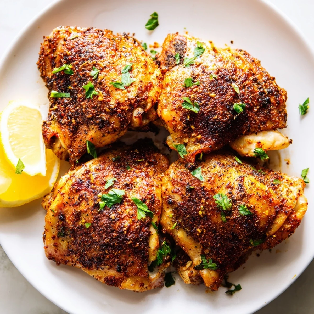 Tender herb-crusted oven baked chicken thighs with perfectly crispy skin on a foil-lined pan