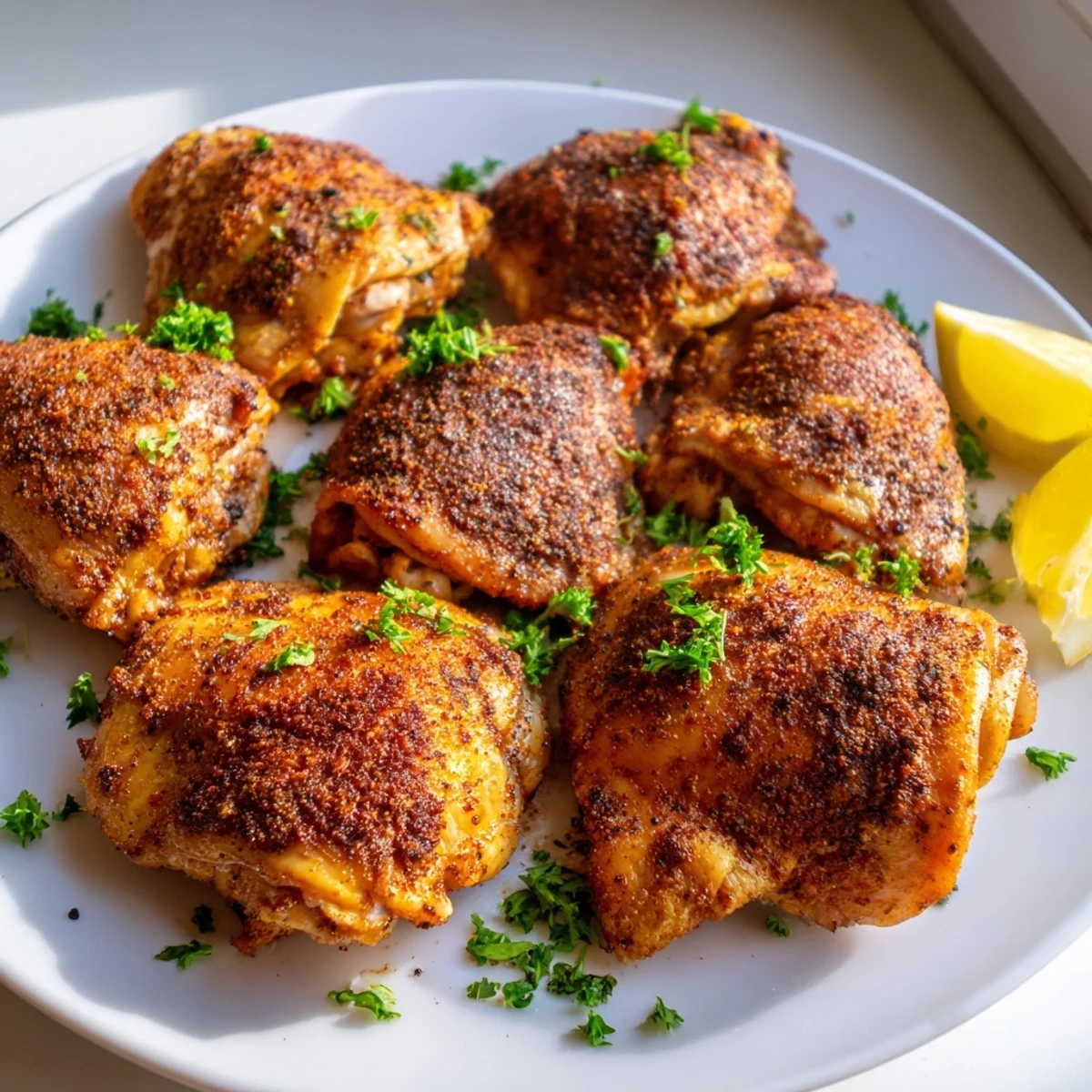 Juicy oven baked chicken thighs garnished with fresh parsley and bright lemon wedges