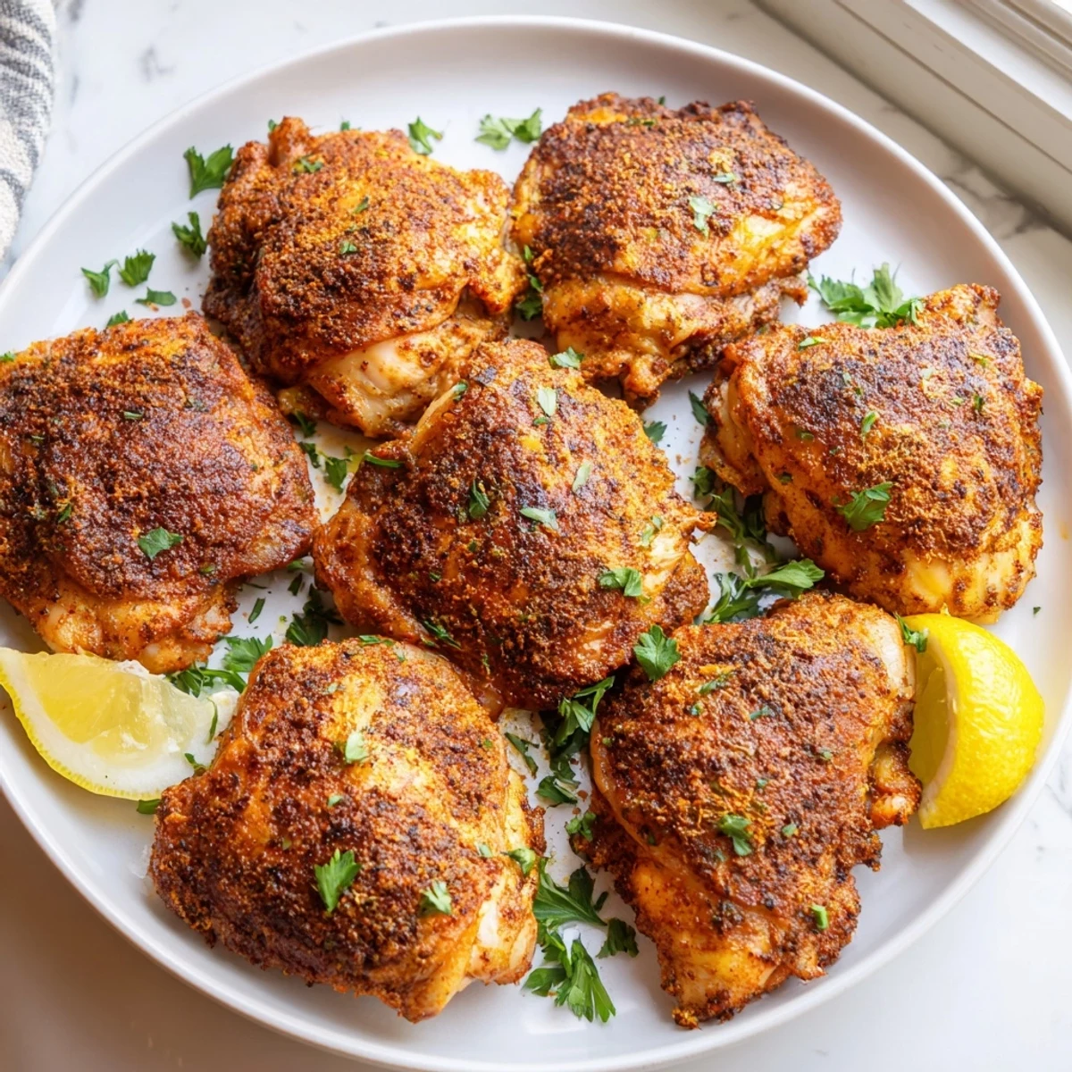Golden crispy oven baked chicken thighs with smoky paprika seasoning on a baking sheet