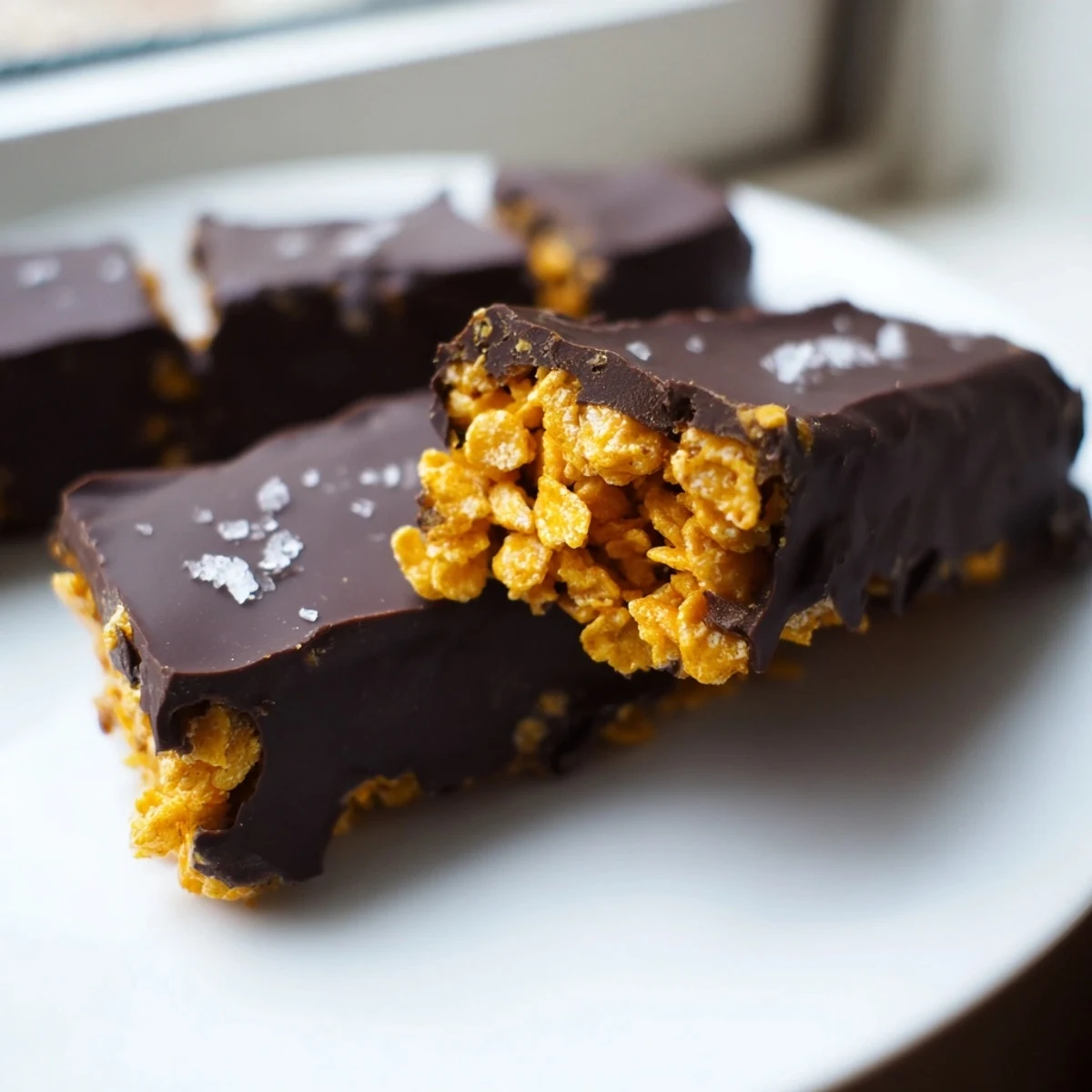Crunchy healthy homemade Butterfingers dipped in glossy dark chocolate on a rustic wooden cutting board