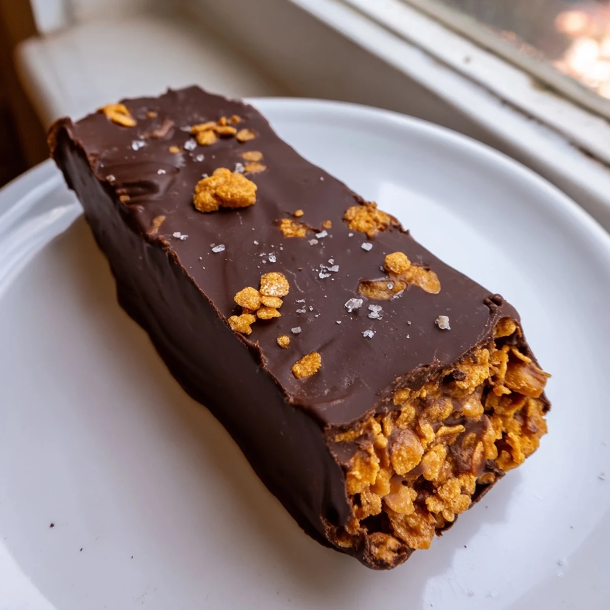 A plate of healthy homemade Butterfingers with a flaky chocolate coating and crushed peanut topping