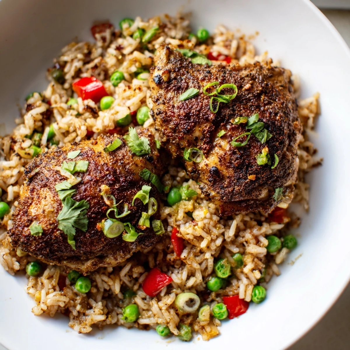 Golden spicy jerk chicken rice topped with fresh cilantro and spring onion garnish