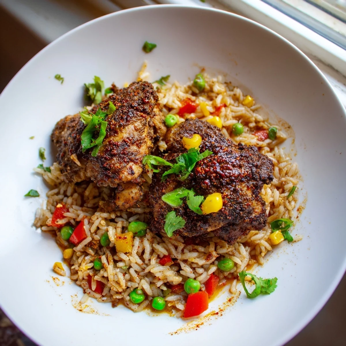 Close-up of spicy jerk chicken rice with juicy seared thighs over fluffy seasoned rice