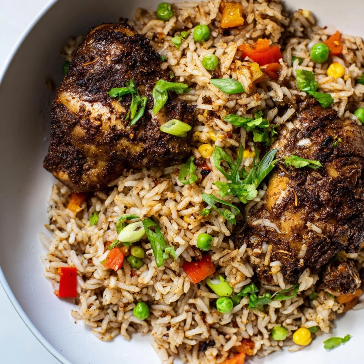 Spicy jerk chicken rice served steaming in a skillet with tender coconut-infused grains