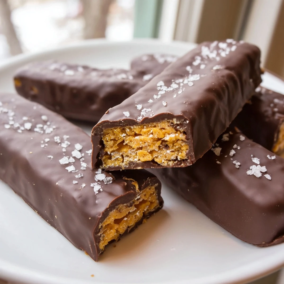 Crunchy Healthy Homemade Butterfingers dipped in glossy dark chocolate on a rustic wooden board