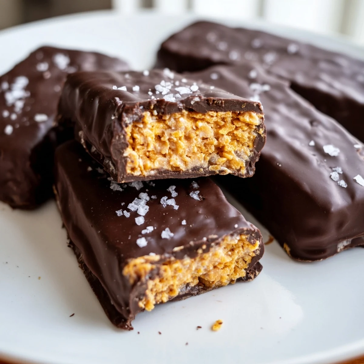 Golden peanut butter layers of Healthy Homemade Butterfingers drizzled with rich melted chocolate