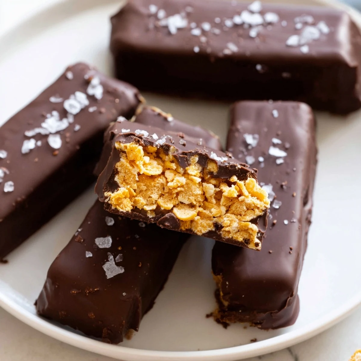 Chewy no-bake Healthy Homemade Butterfingers arranged on parchment with a flaky sea salt finish