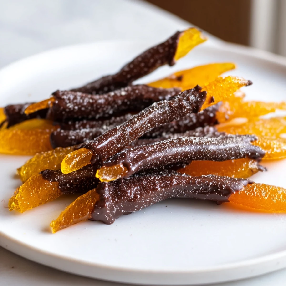 Glossy chocolate covered orange peels arranged on parchment paper with rich dark coating