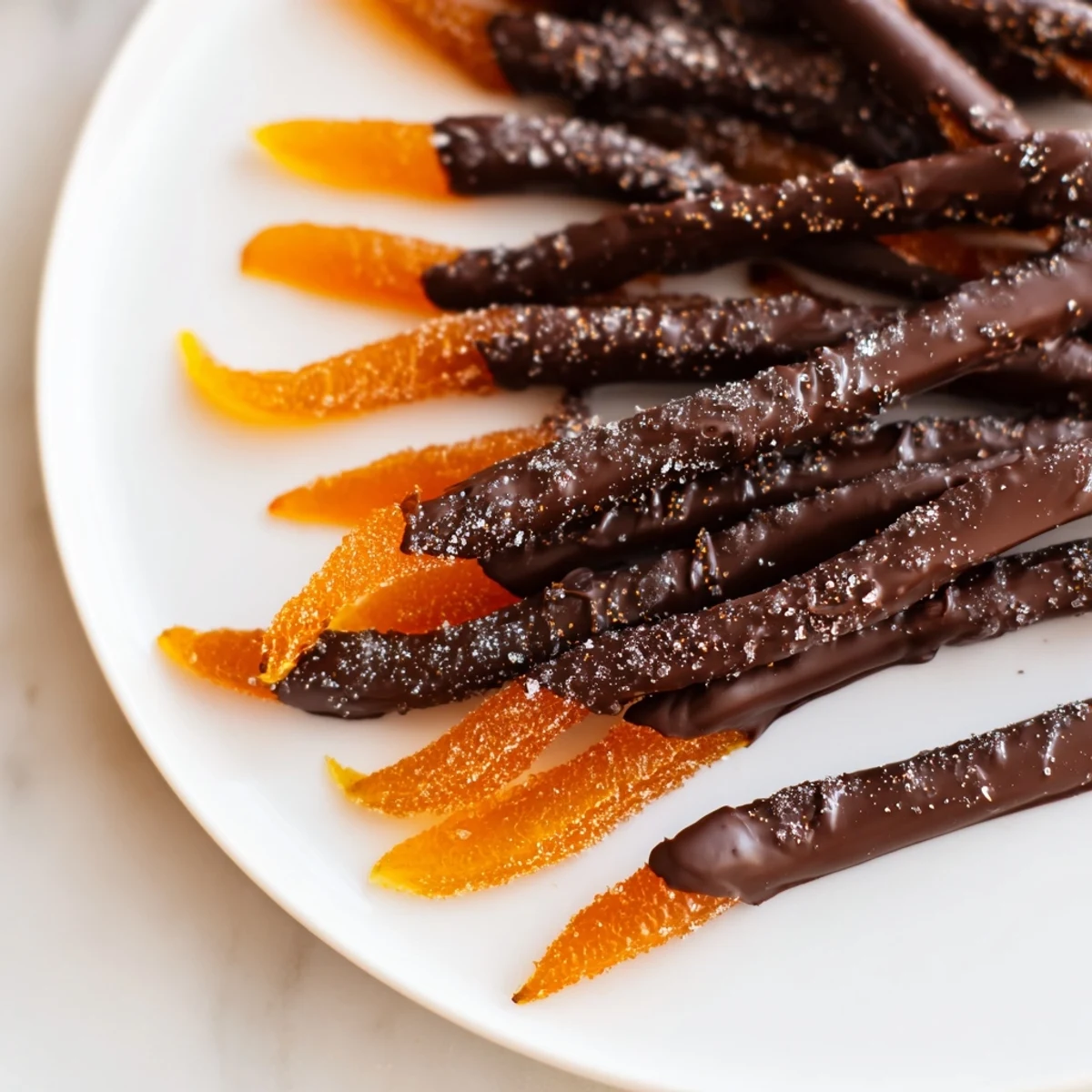 Candied orange peel strips half-dipped in melted dark chocolate cooling on wire rack
