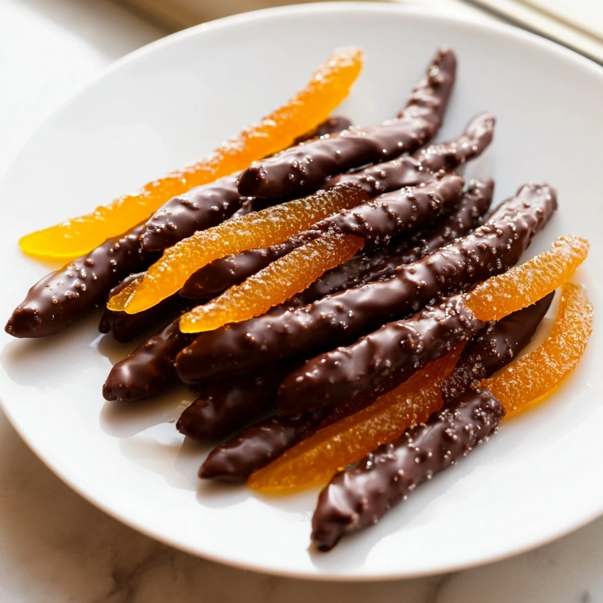 Chocolate covered orange peels glistening alongside espresso cup for an elegant dessert presentation