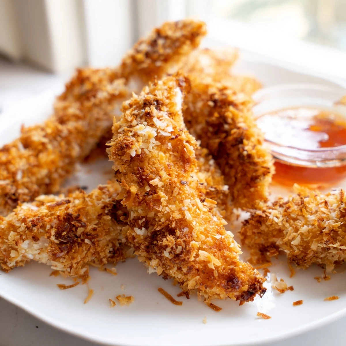 Golden crunchy coconut chicken strips fresh from the skillet with crispy edges