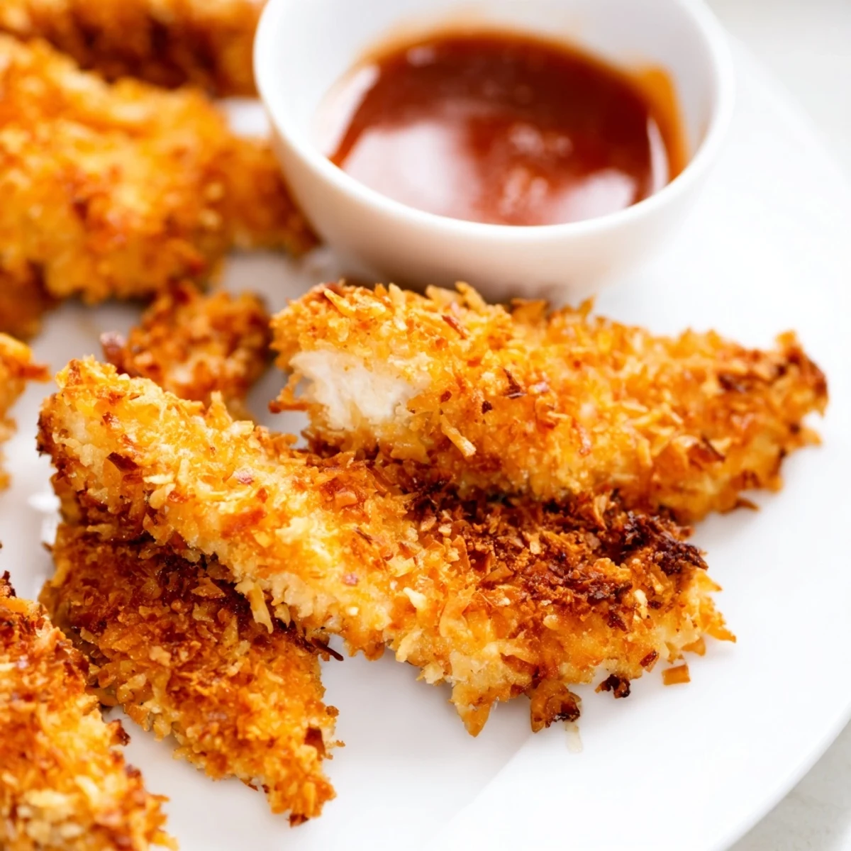 Crunchy coconut chicken served on a rustic plate with sweet chili dipping sauce