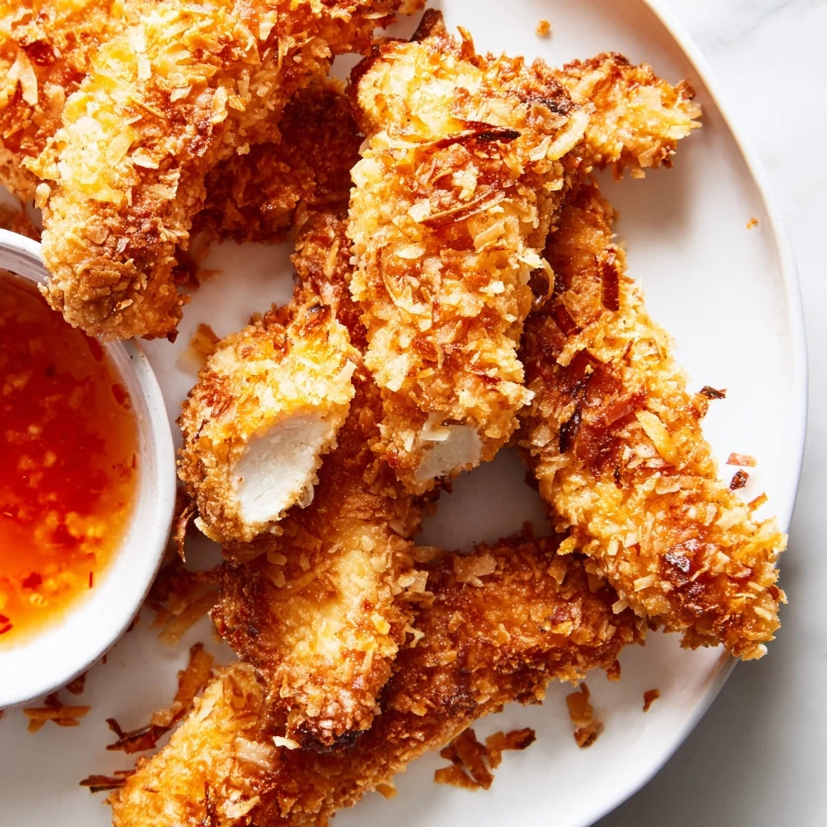 Close-up of crunchy coconut chicken revealing juicy tender meat inside a toasted coconut crust