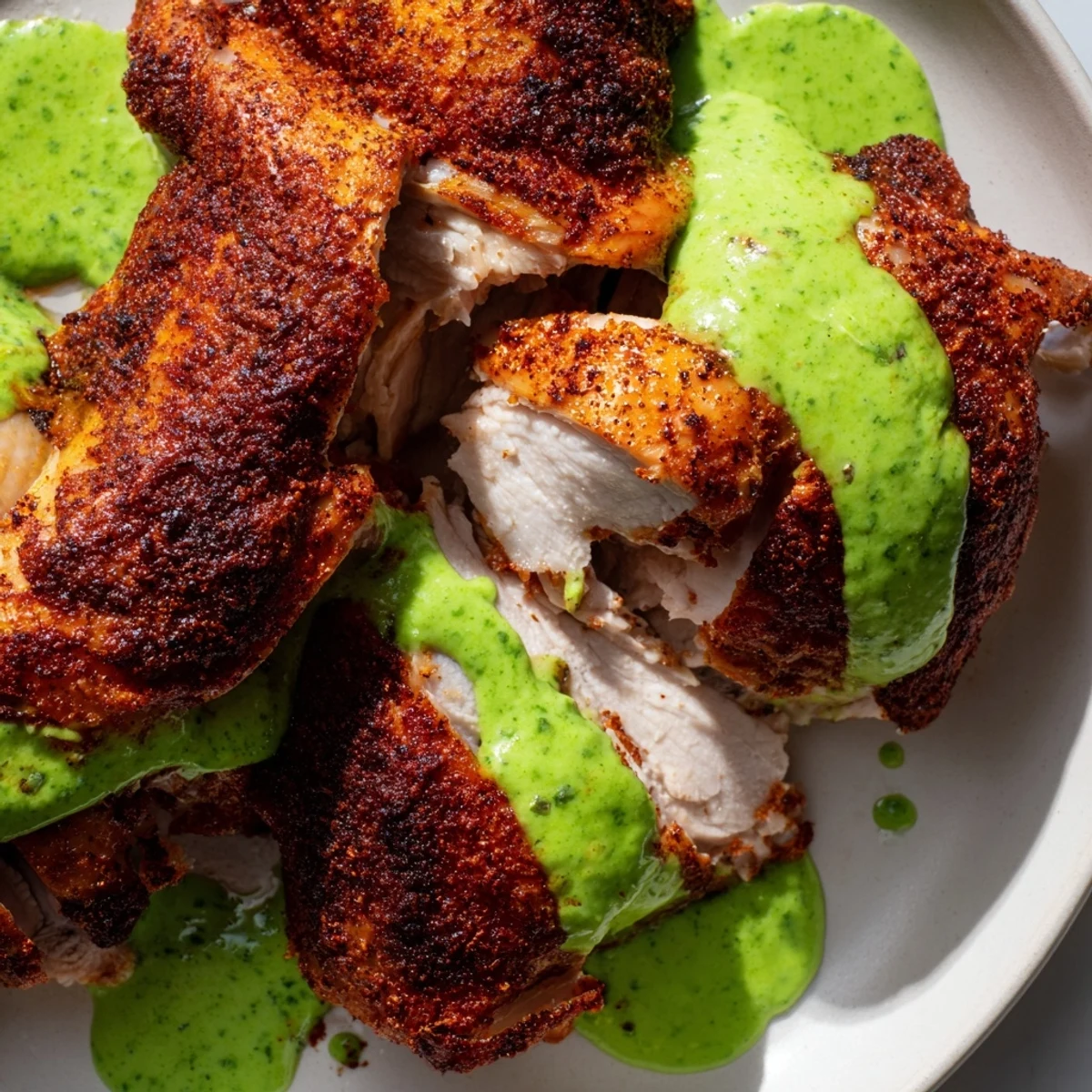 Juicy Peruvian Chicken Delight sliced and drizzled with vibrant creamy cilantro green sauce