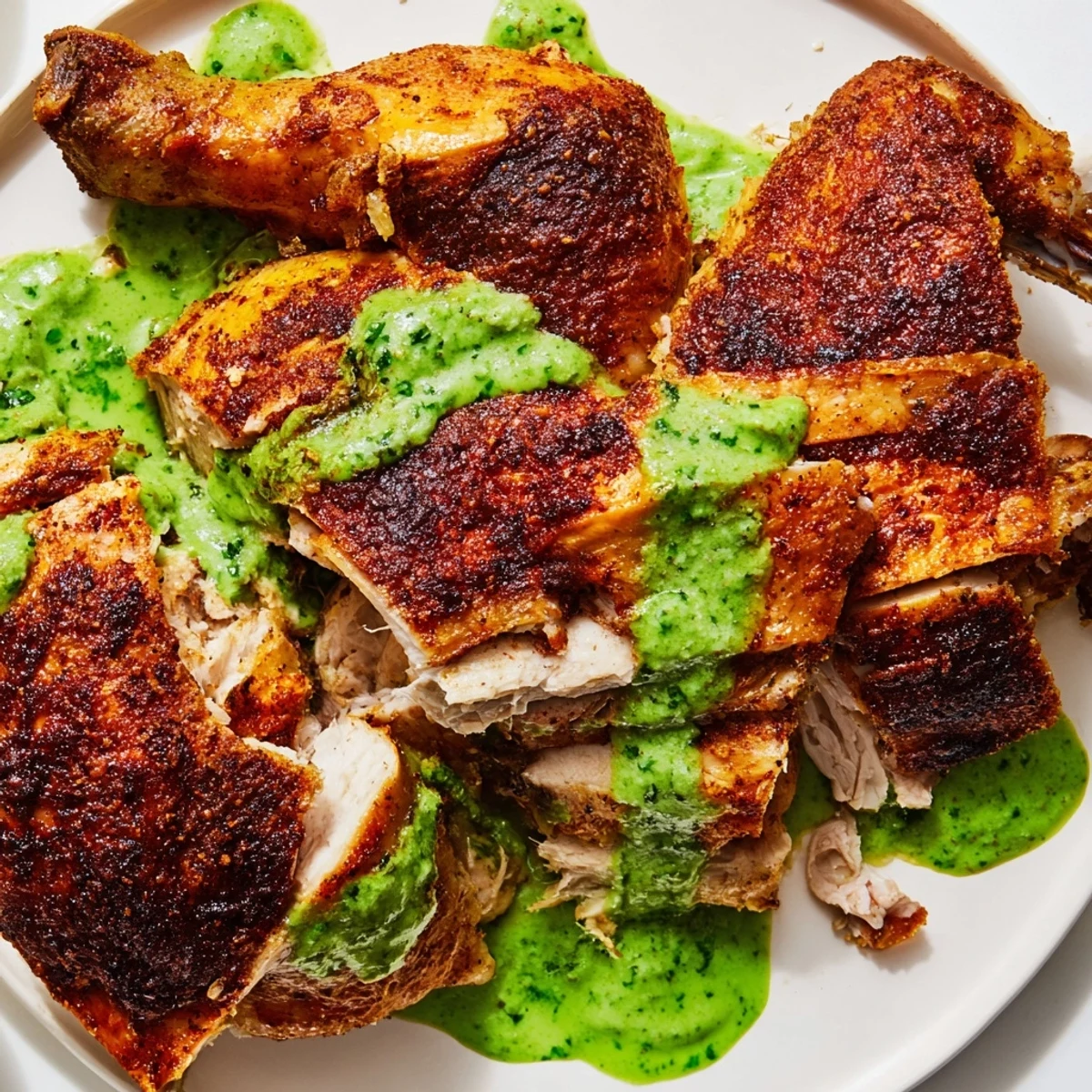 Golden roasted Peruvian Chicken Delight with crispy herb-crusted skin on a cutting board
