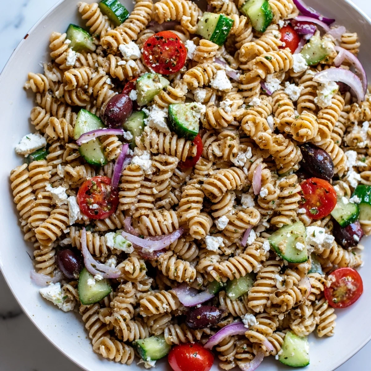 Colorful Greek Pasta Salad loaded with crunchy veggies, tangy feta, and briny olives