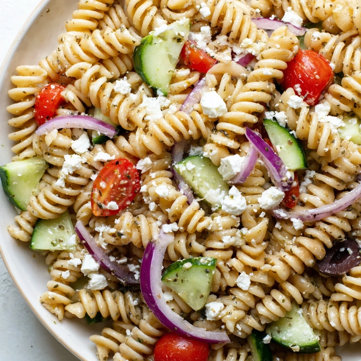 Greek Pasta Salad in a rustic bowl drizzled with herbed red wine vinaigrette