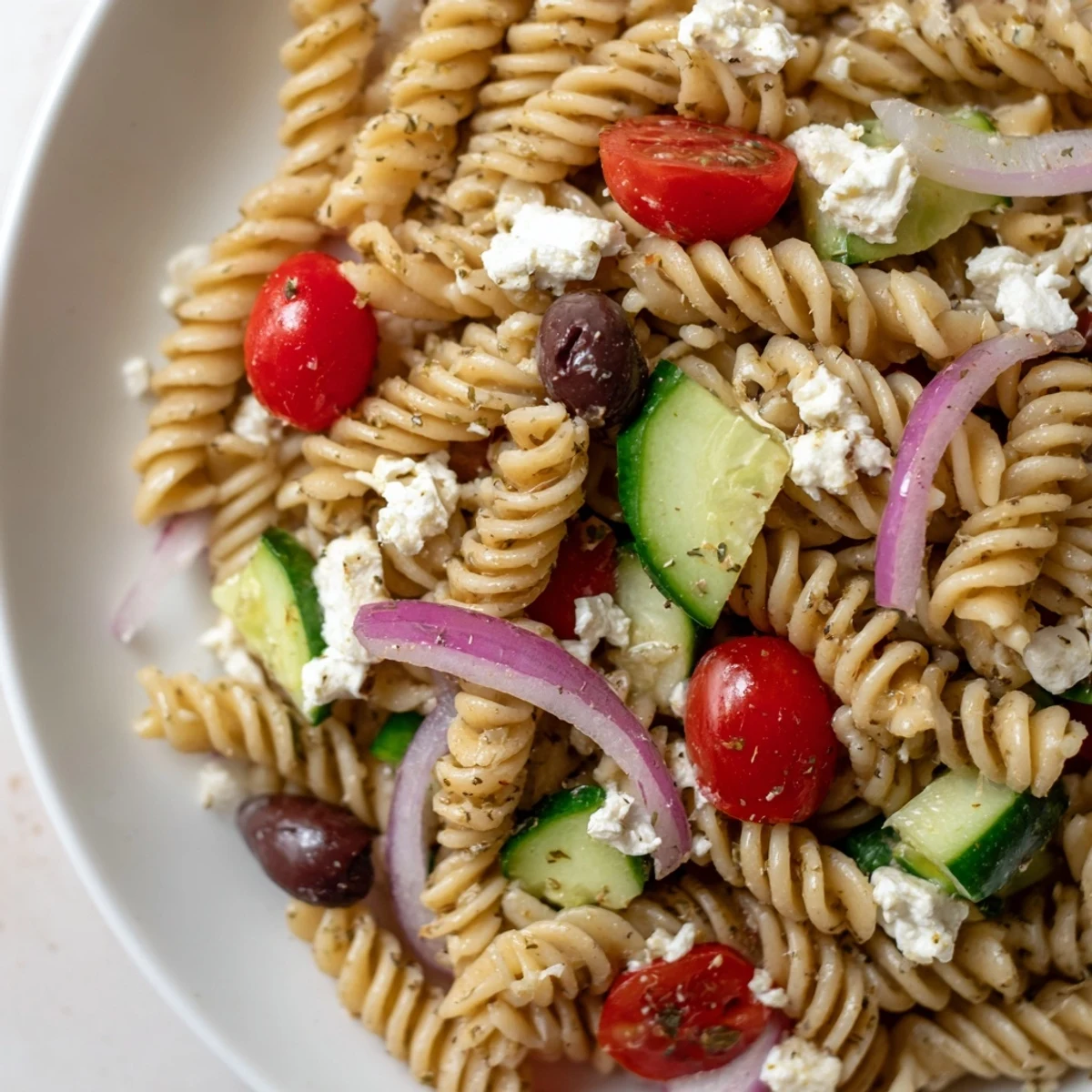 Close-up of Greek Pasta Salad tossed with ripe tomatoes, cucumber, and crumbled feta