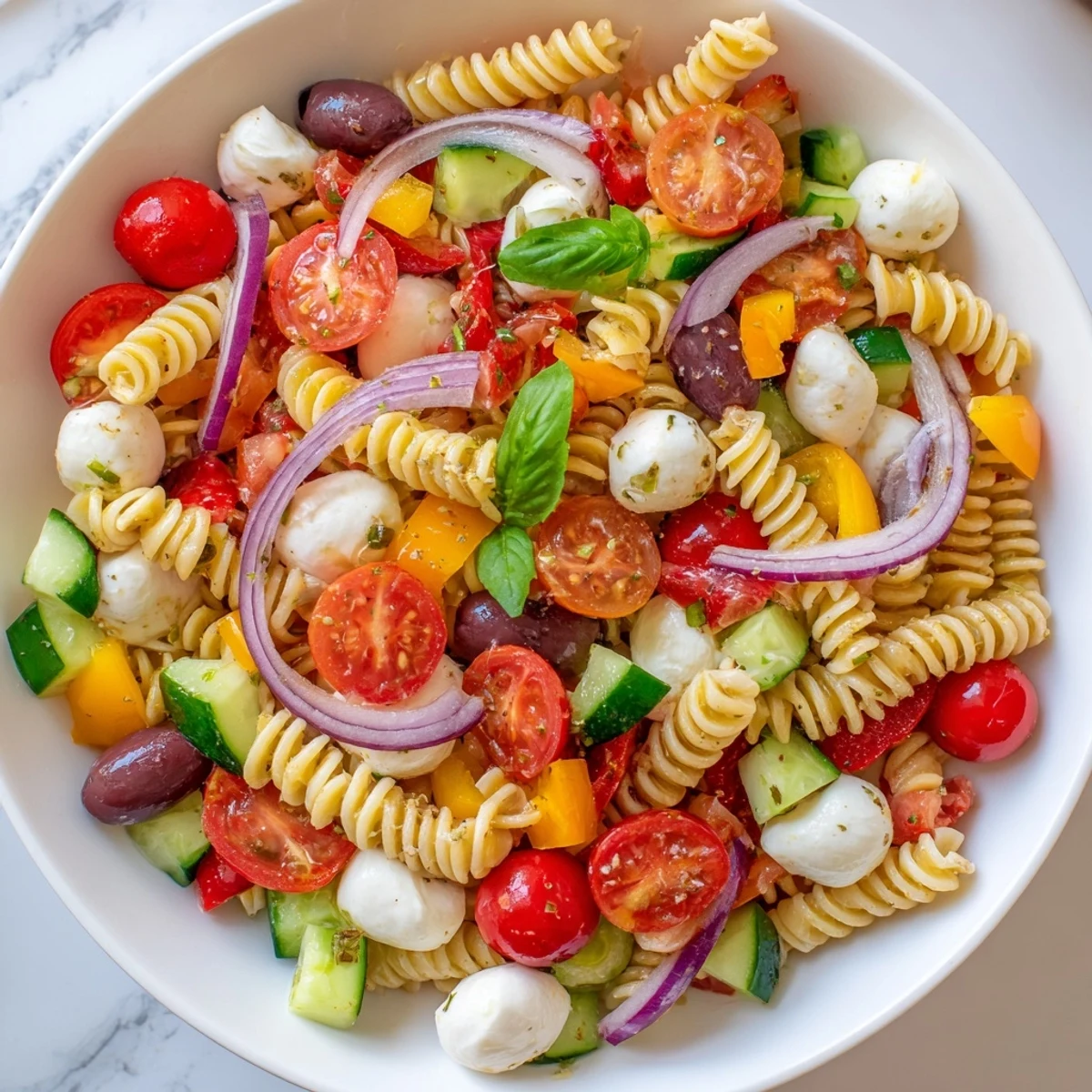 Italian pasta salad vegetarian served chilled in a rustic white bowl
