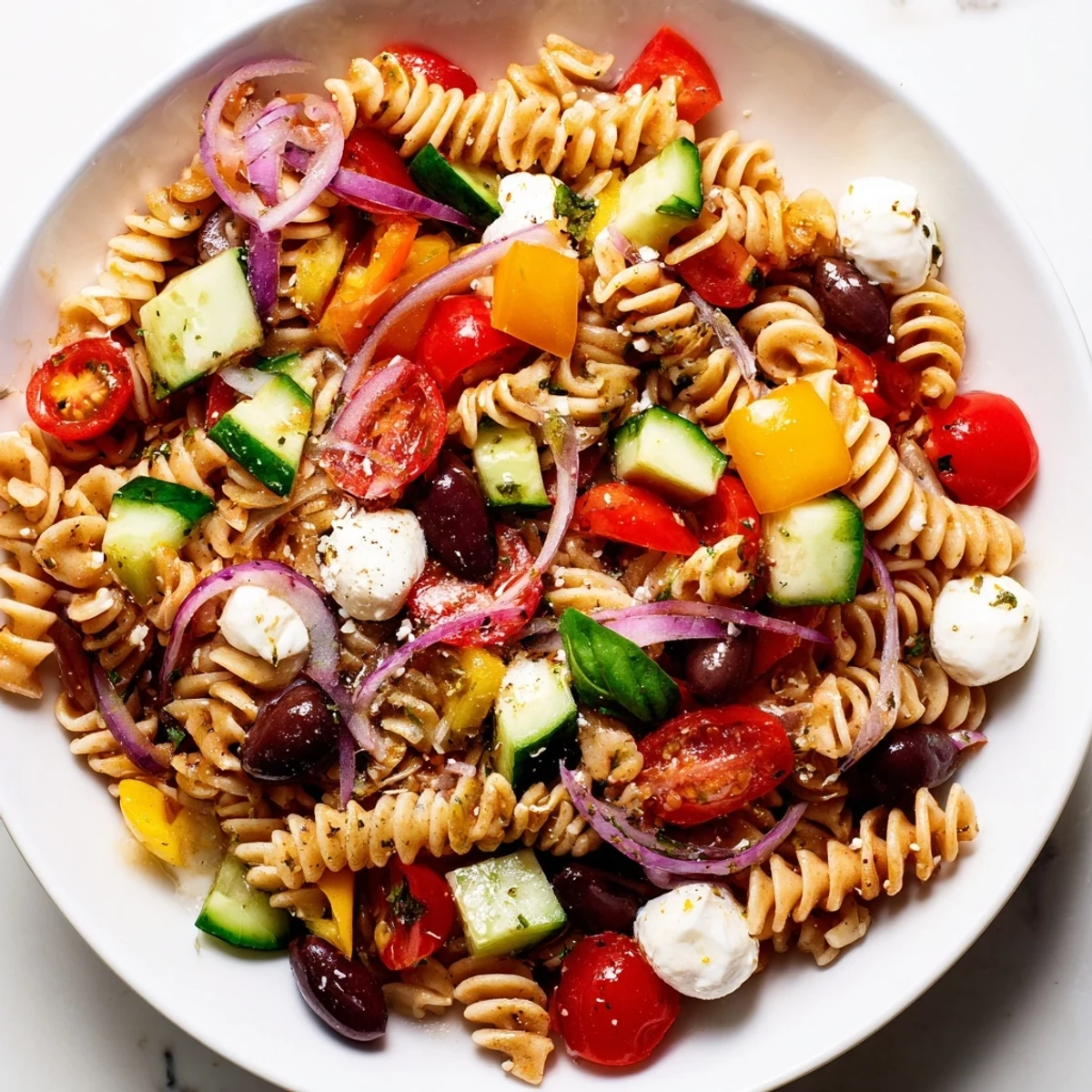 Colorful vegetarian Italian pasta salad tossed with cherry tomatoes, olives, and mozzarella