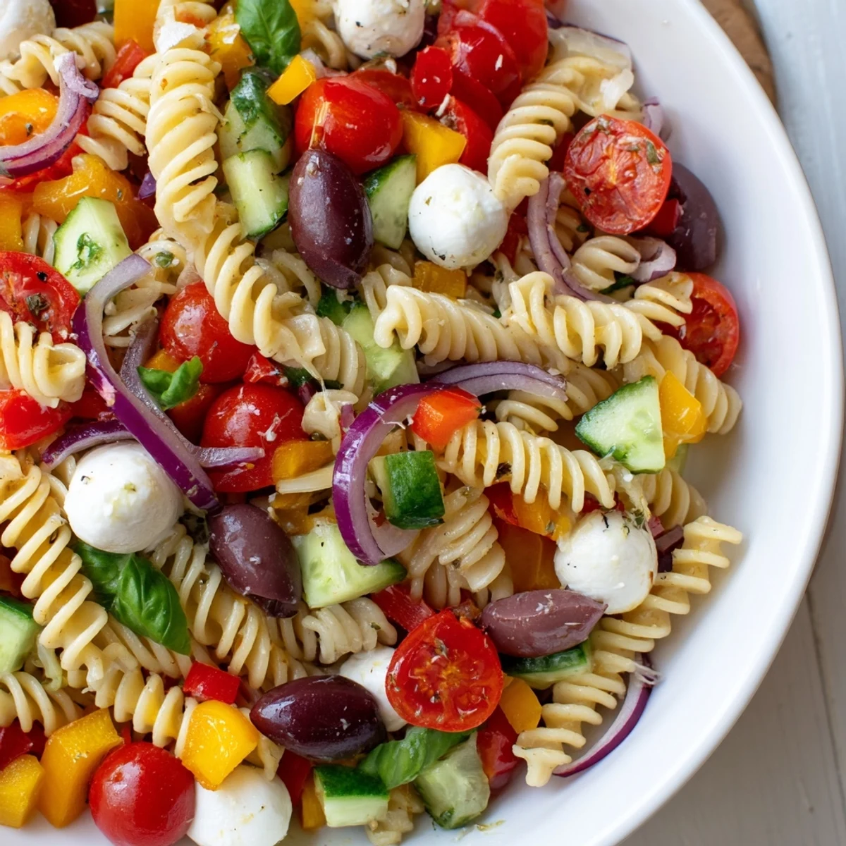 Vibrant vegetarian Italian pasta salad drizzled with herbed vinaigrette and fresh basil