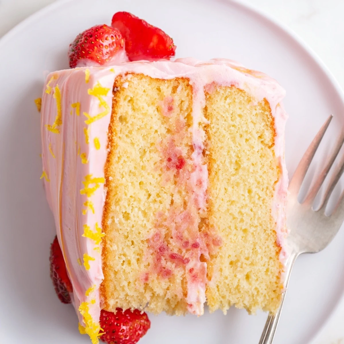 Strawberry lemonade cake layered with pink frosting and topped with fresh berries