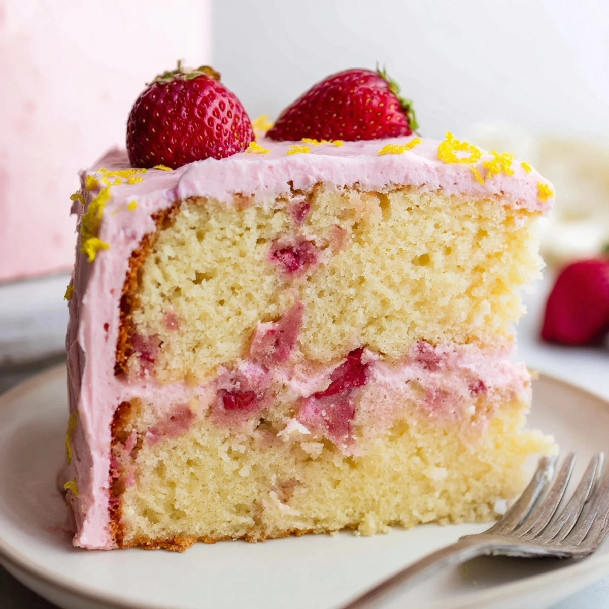 Moist strawberry lemonade cake sliced to reveal tender crumb dotted with berries