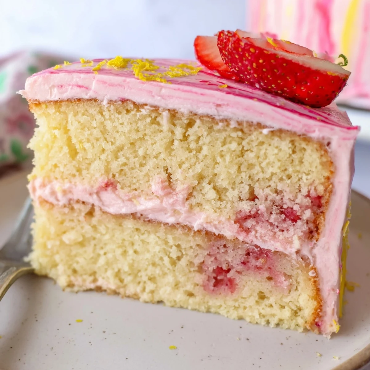Strawberry lemonade cake on a summery dessert plate garnished with lemon zest