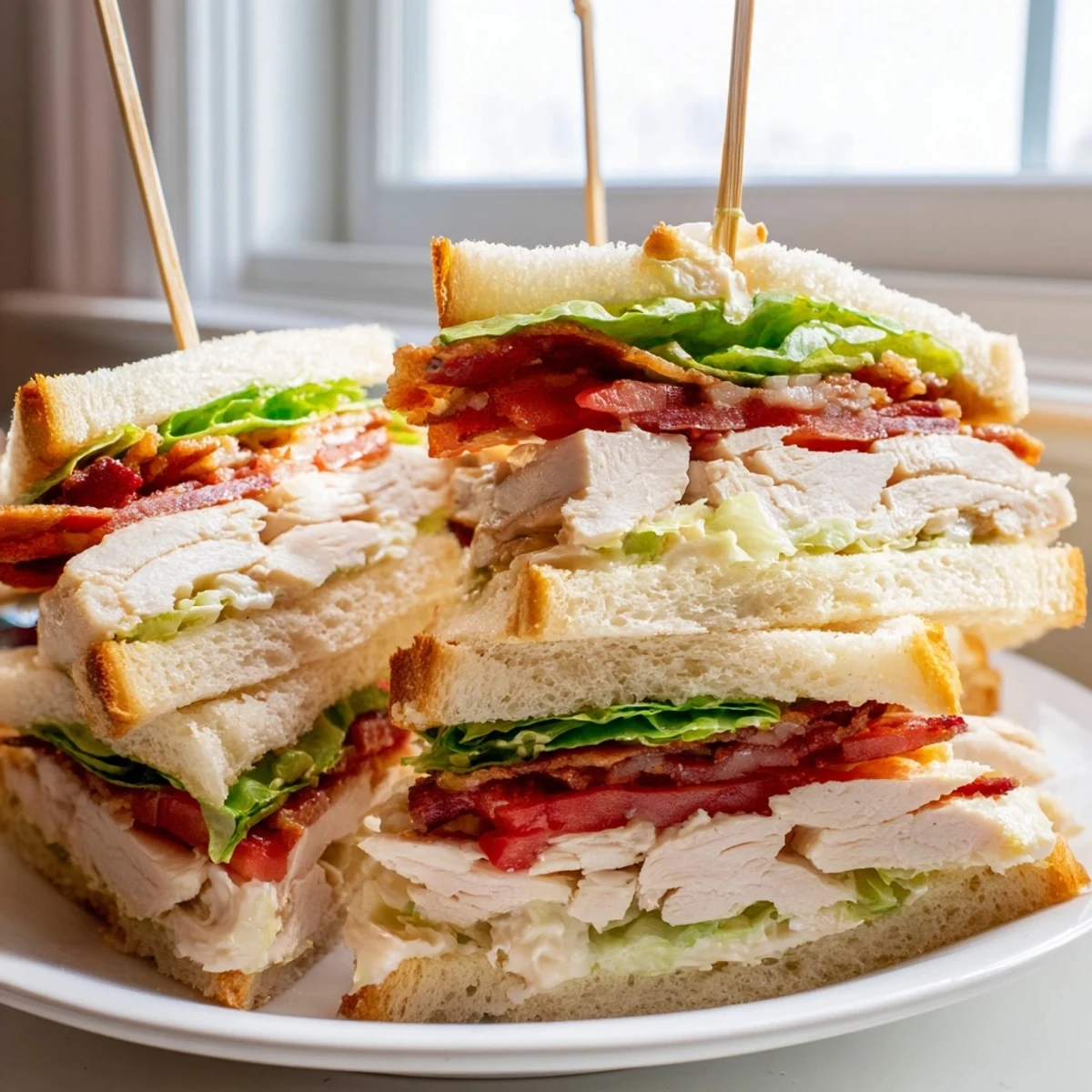 Triple-layered club sandwich with crispy bacon, roasted chicken, lettuce, and tomato stacked high