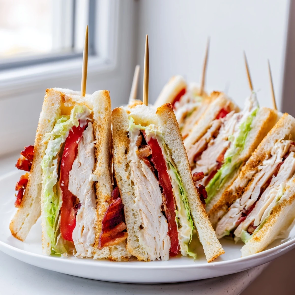 Classic club sandwich featuring golden toasted bread, juicy turkey, bacon, and fresh lettuce