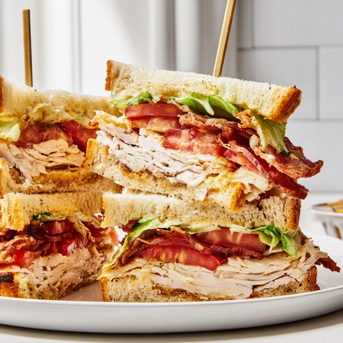 Crispy bacon club sandwich cut into triangle quarters served with golden toasted bread layers
