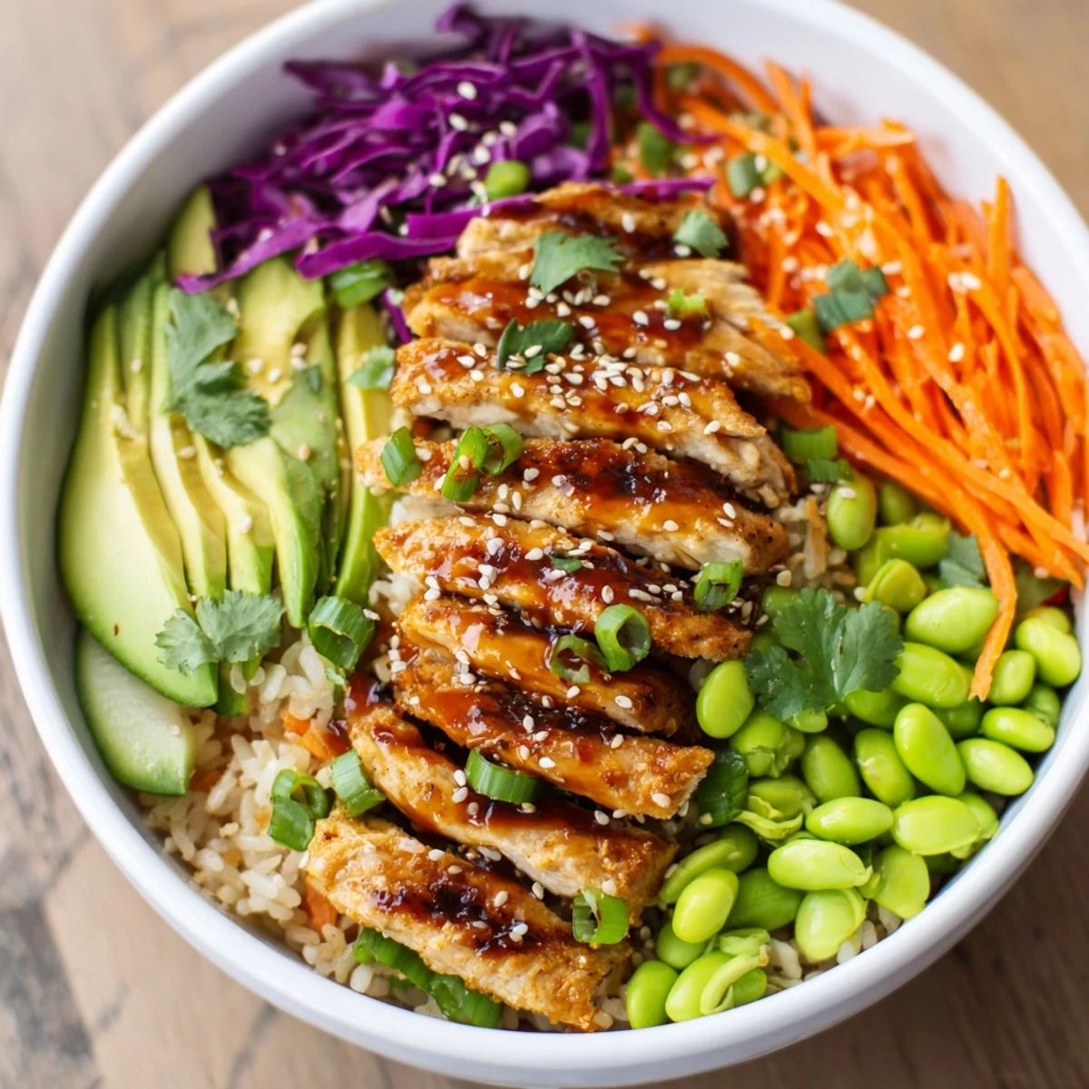 Colorful Asian Inspired Chicken Power Bowl topped with sliced avocado and sesame seeds