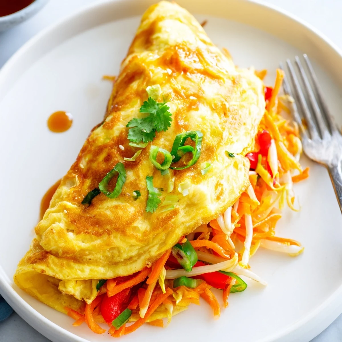 Golden Chinese omelette filled with crisp vegetables and garnished with fresh scallions on a white plate